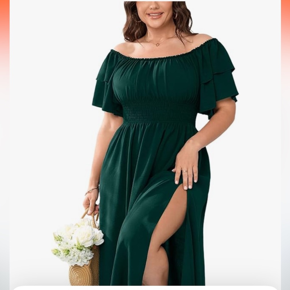 Chic Off-Shoulder ruffled smocked Maxi Dress in Deep Green with slit size 1X